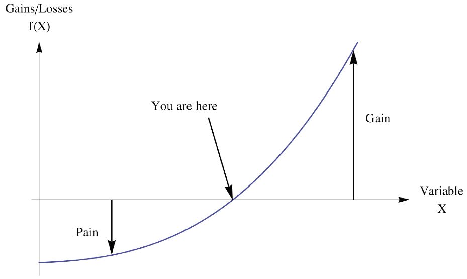 Larger Gain than Pain from a random event. Start from the spot &ldquo;You are here&rdquo;. Move right on the horizontal axis. Gains are larger than losses confronted by moving left. Image credit: Antifragile[1]