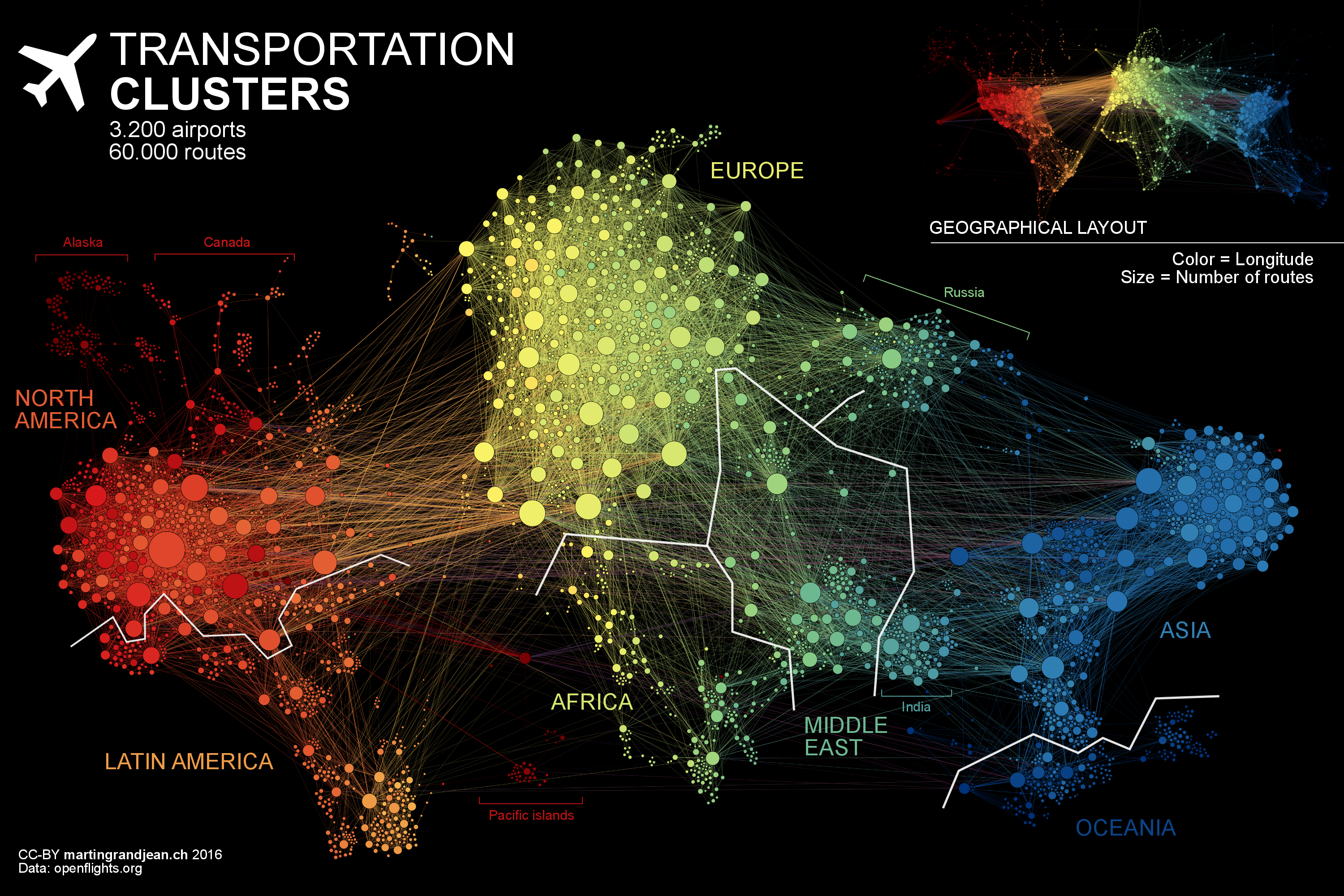 Hình thái thế-giới-nhỏ của mạng lưới vận chuyển hàng không. Nguồn ảnh: Martin Grandjean